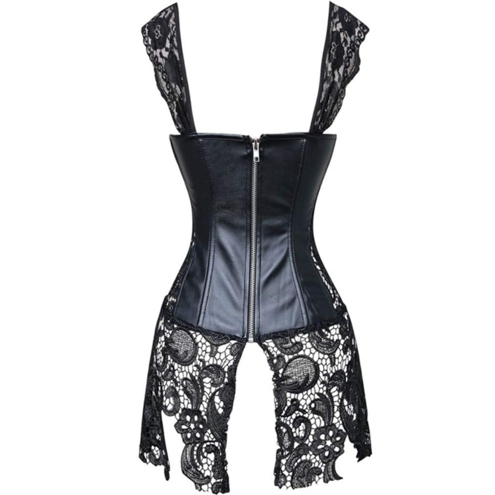 DISSA Corset Robe Simili Cuir Baleines Plastiques | Simili cuir, bretelles en dentelle, laçage avant, fermeture éclair arrière, jupe en dentelle intégrée, baleines plastiques