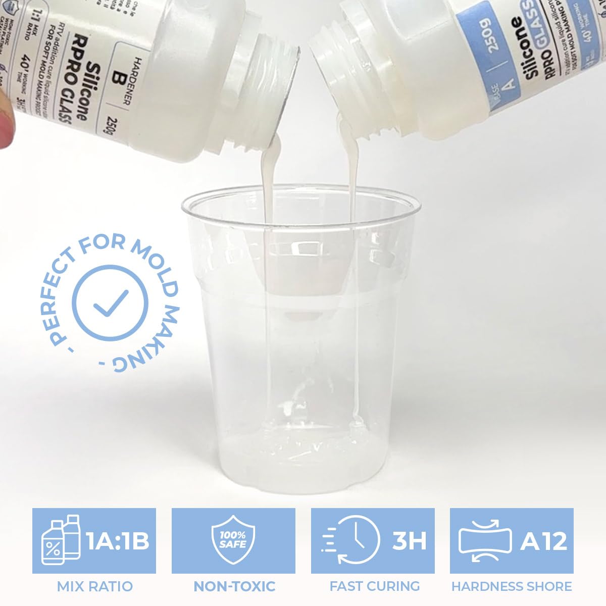 Caoutchouc de Silicone Traslucide 1:1 pour Moulage R PRO GLASS (1 kg) | non Toxique, pour Moules Durs et Compatible avec les Résines, la Cire, le Plâtre et d’Autres Matériaux