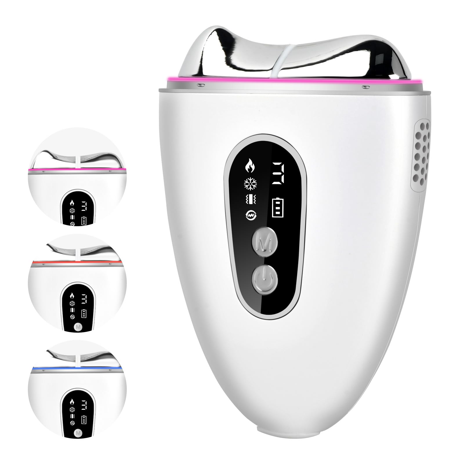 4 en 1 Masajeador Facial, 3 Colores LED Rojo Azul Violeta, con Calor & Frío & Vibración, Guasha Electrico, EMS Gua Sha, Radiofrecuencia Facial para Antiarrugas Reductor de Papada