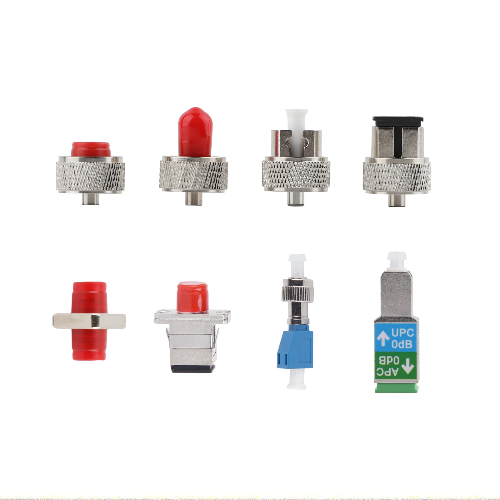 Lot de 8 adaptateurs OTDR en fibre optique pour SC FC ST LC - Pour les connexions réseau FTTH - Avec boîte de rangement amovible en plastique solide.