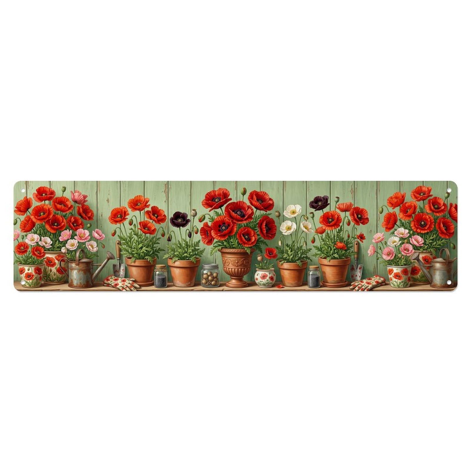 Garden Tools Vintage Poppy Field Red Pattern Metal Tin Sign