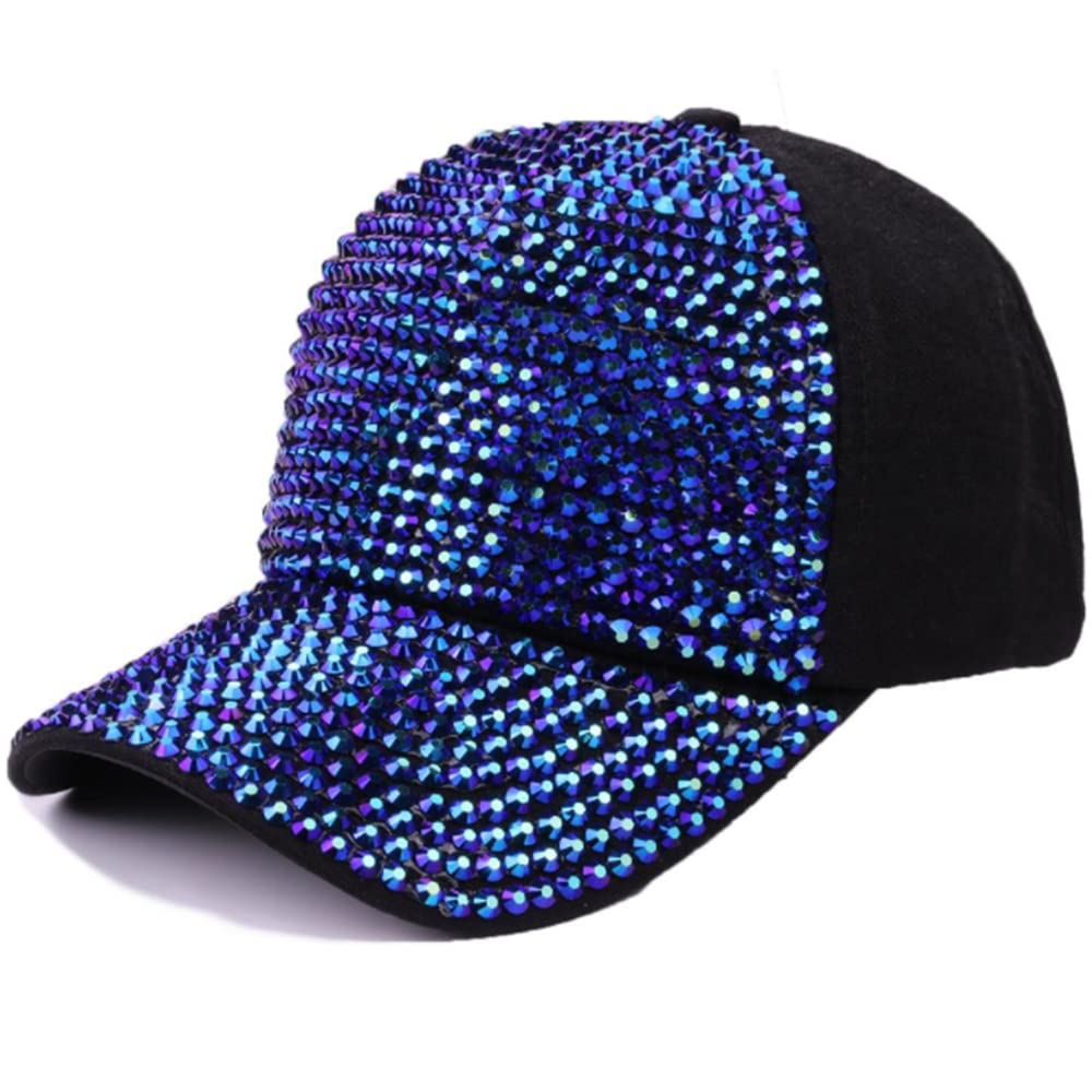 Hula Women's Blue Black Bling Baseball Hats, Studded Rhinestone Crystals Adjustable Baseball Cap Sparkle Bling Denim Sun Hat (Blue Black)