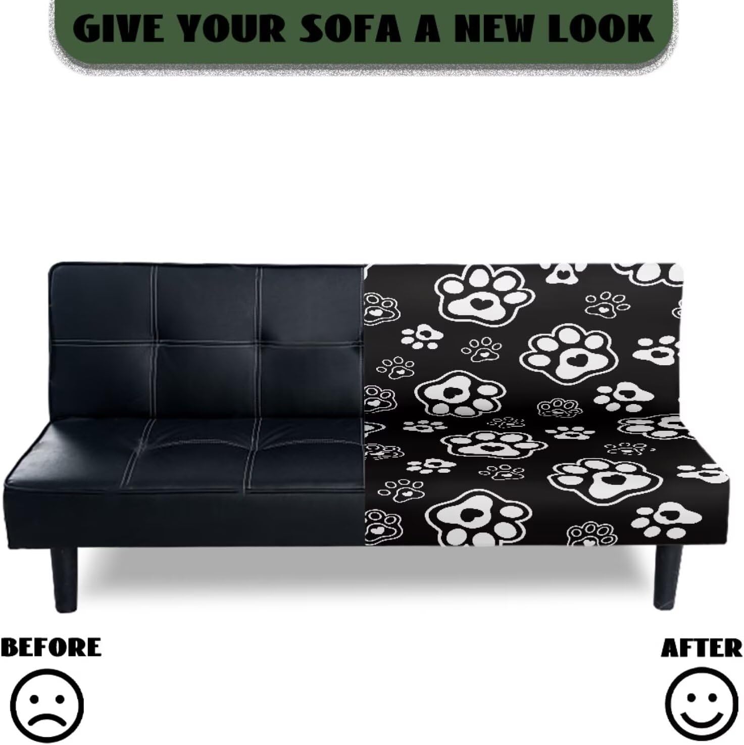 Futon Cover with Elastic Bottom Armless Sofa Covers Non Slip Washable Couch Slipcover Scratch-Resistant Futon Sofa Slipcover for Dogs Cats, Paw Print Black