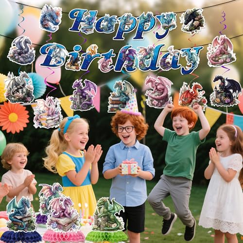 Image of Dragon Birthday Party Decorations Banners Swirls Honeycomb 13PCS | Dragon Party Decor 13pcs, Glitter Banners Swirls, Cardstock Honeycomb, Dragon Themed Birthday, Decor for Kids Boys Girls