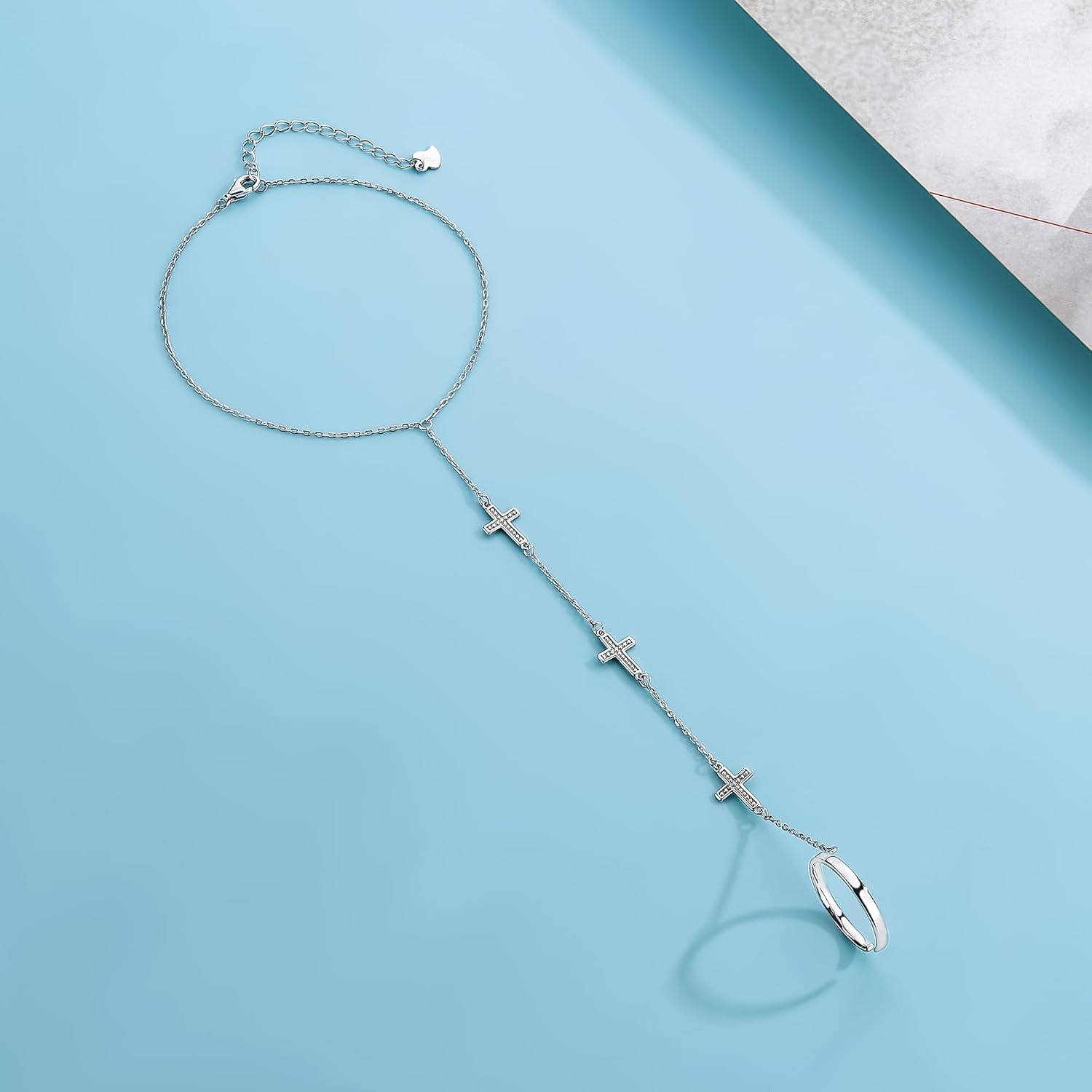 S925 Sterling Silver Finger Ring Cross Eye Bead Bracelet Hand Adjustable Attached Chain Set for Women Jewelry - Image 3