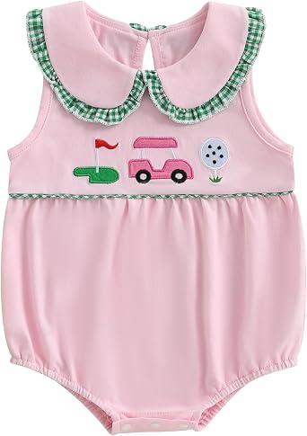 Baby Girl Clothes Newborn Golf Cart Embroidery Peter Pan Collar Sleeveless Romper Bubble Bodysuit Cute Summer Outfit