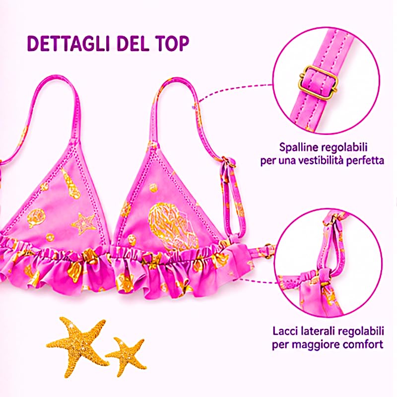 Bikini Due Pezzi per Bambina, Fantasia Colorata con Unicorni e Stelle Marine, Volant, Mare e Piscina