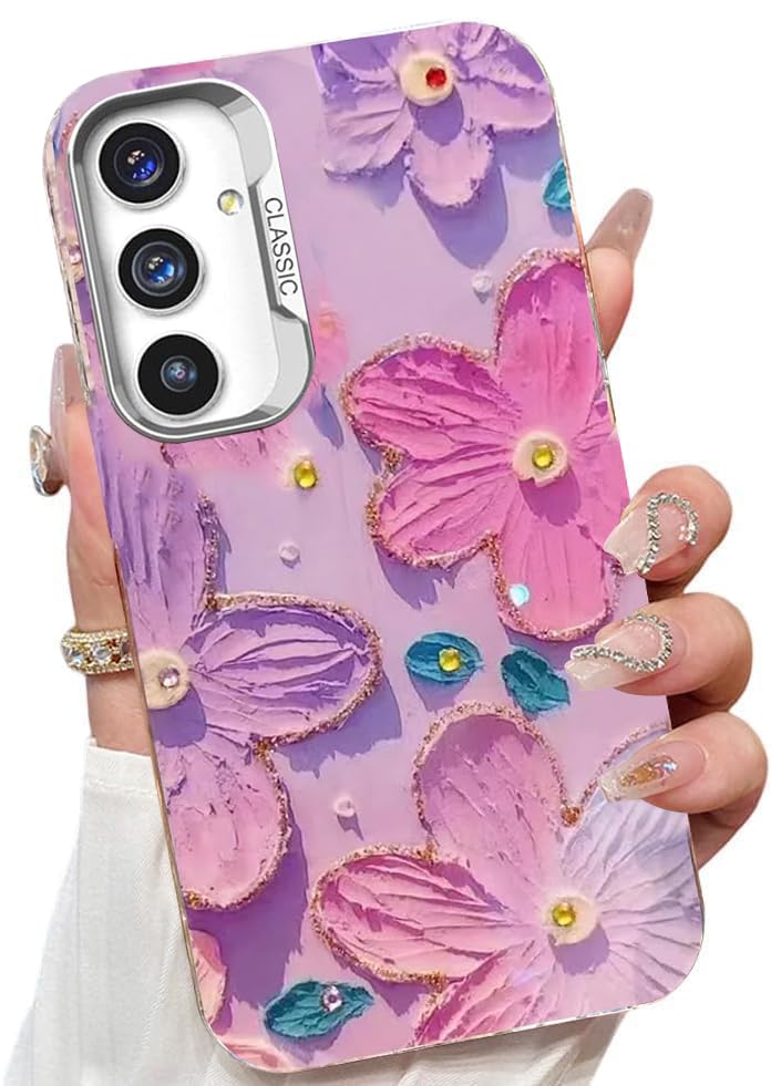 Image of Elzzi Compatible with Samsung S24 Fe 5G Case Laser Flower Oil Painting Cute Bumper with Full Camera Protection Shockproof PC+TP Cover for Girls Women, Pink & Purple