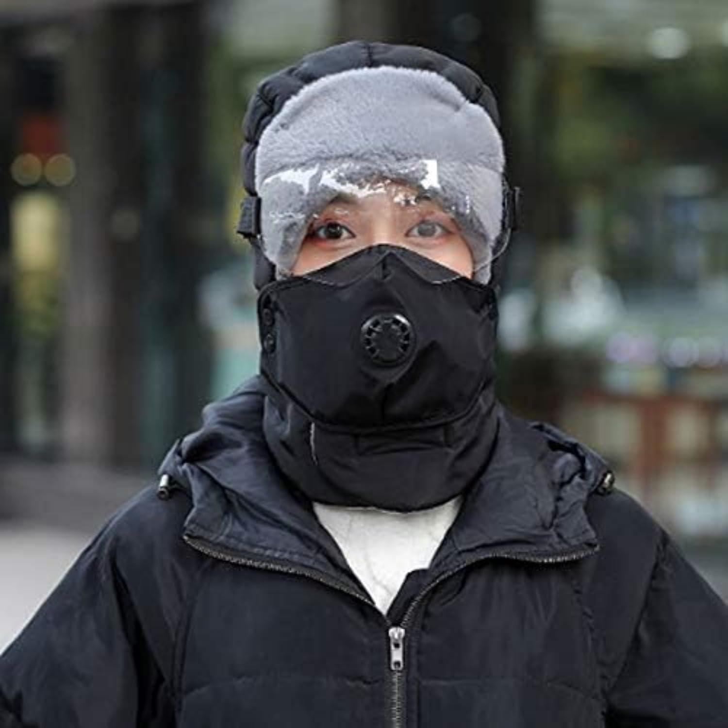Real Rabbit Fur Trapper Hat with Face Cover,Unisex Thermal Earflap Winter Hat Windproof Hunting Ski Cap and Goggles