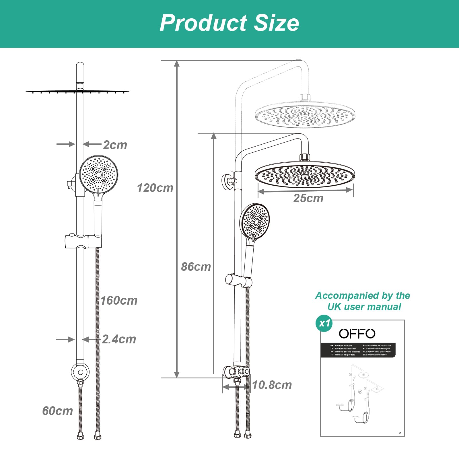 OFFO Shower Riser Rail Kit, Rainfall Shower Kit with 10"(25cm) Shower Head, Handheld and 1.6m Hose Set for Bathroom No Mixer - Image 2