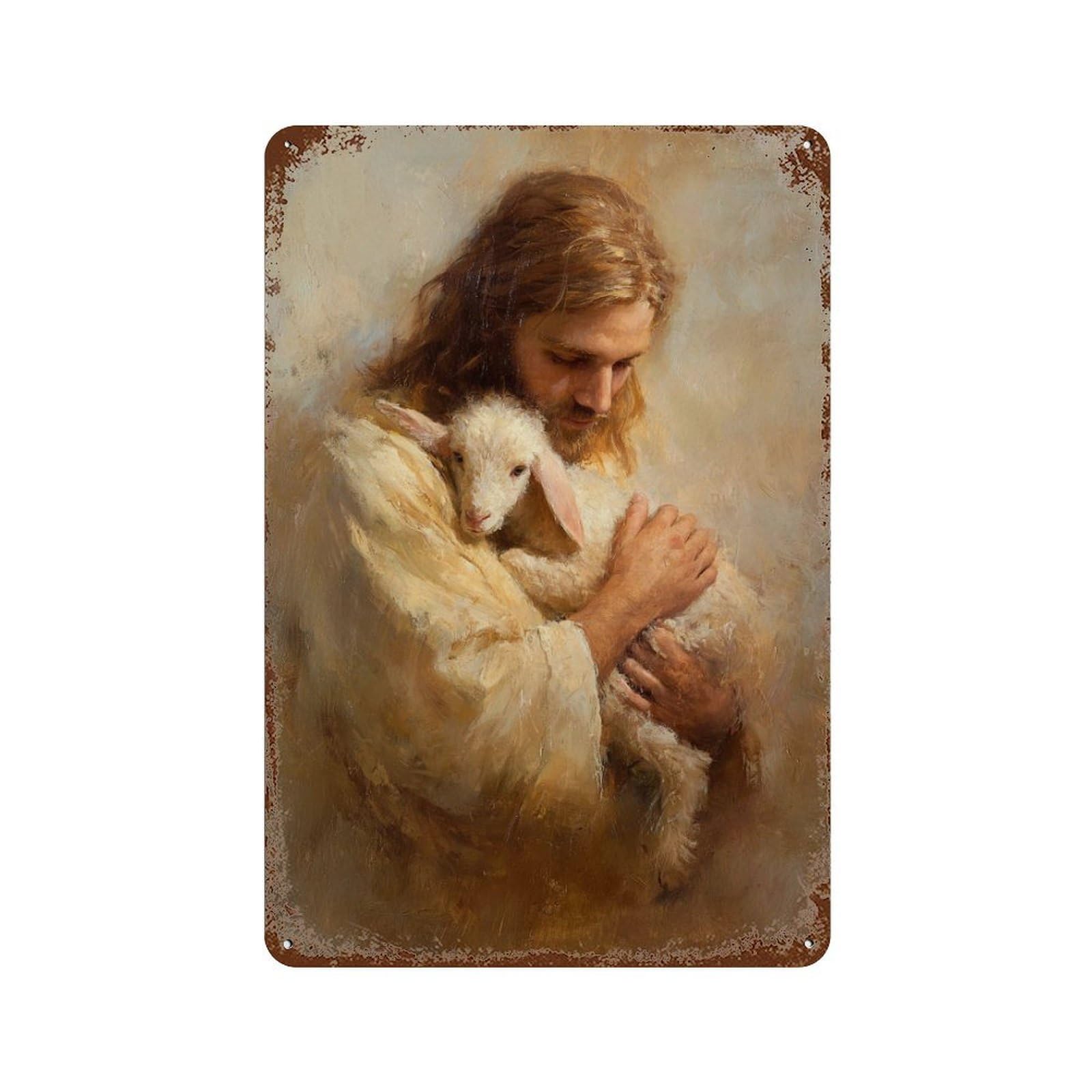 Jesus Holding Lamb Painting-6 Aged Metal Wall Plaque 11.8"x7.9", for Pub, Kitchen And Man Cave Decor, Decorative Metal Wall Art