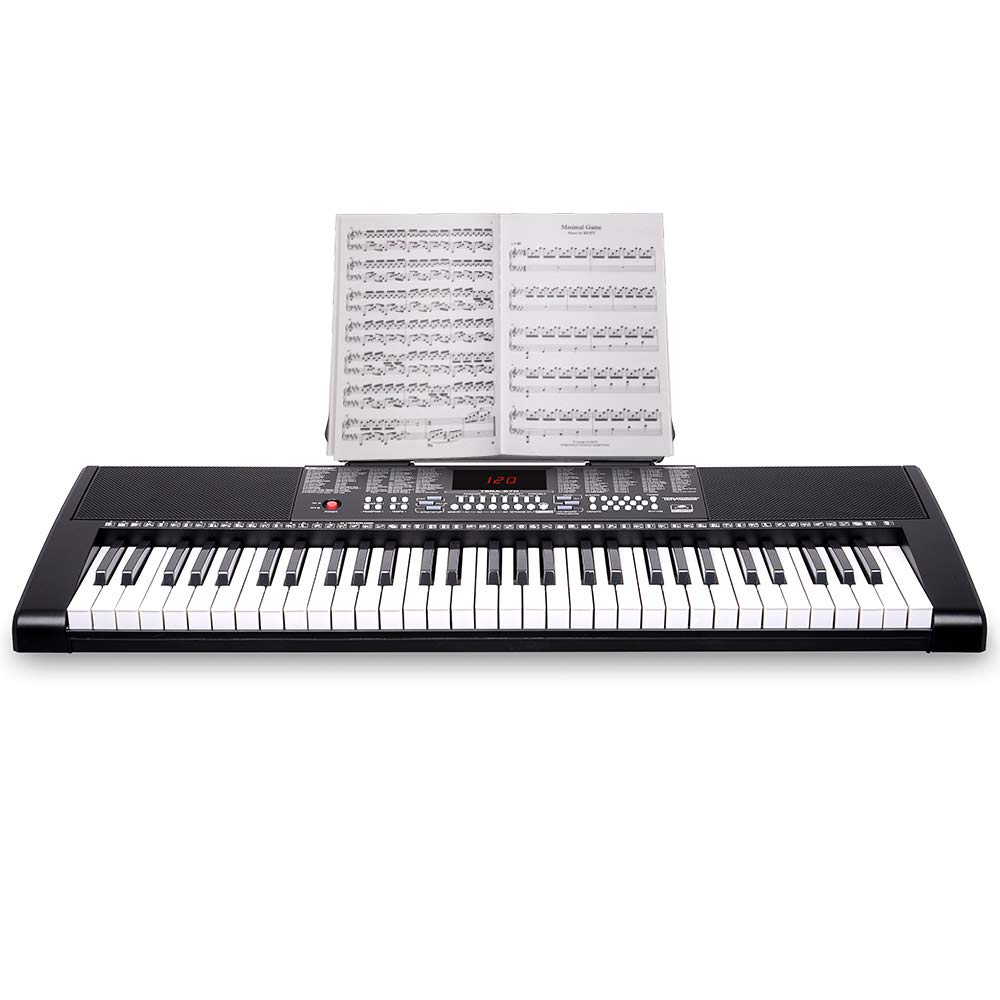 Bakaji Teclado musical plano electrónico, 61 teclas multifunción con 255 ritmos, 50 canciones preestablecidas, entrada AUX y soporte para partituras