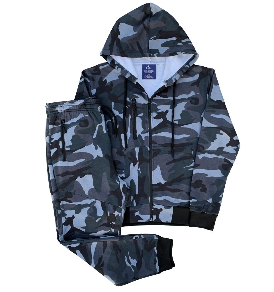 Richmond Hill Men's Sweat suit Solid and Camouflage Warm 2-Piece Jogger Fleece Tracksuit, Medium, Black