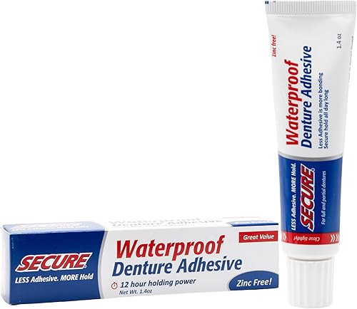 Miniatura 17 de Secure Adhesivo impermeable para dentaduras postizas, sin zinc, sujeción extra fuerte para superiores, inferiores o parciales, 1.4 onzas