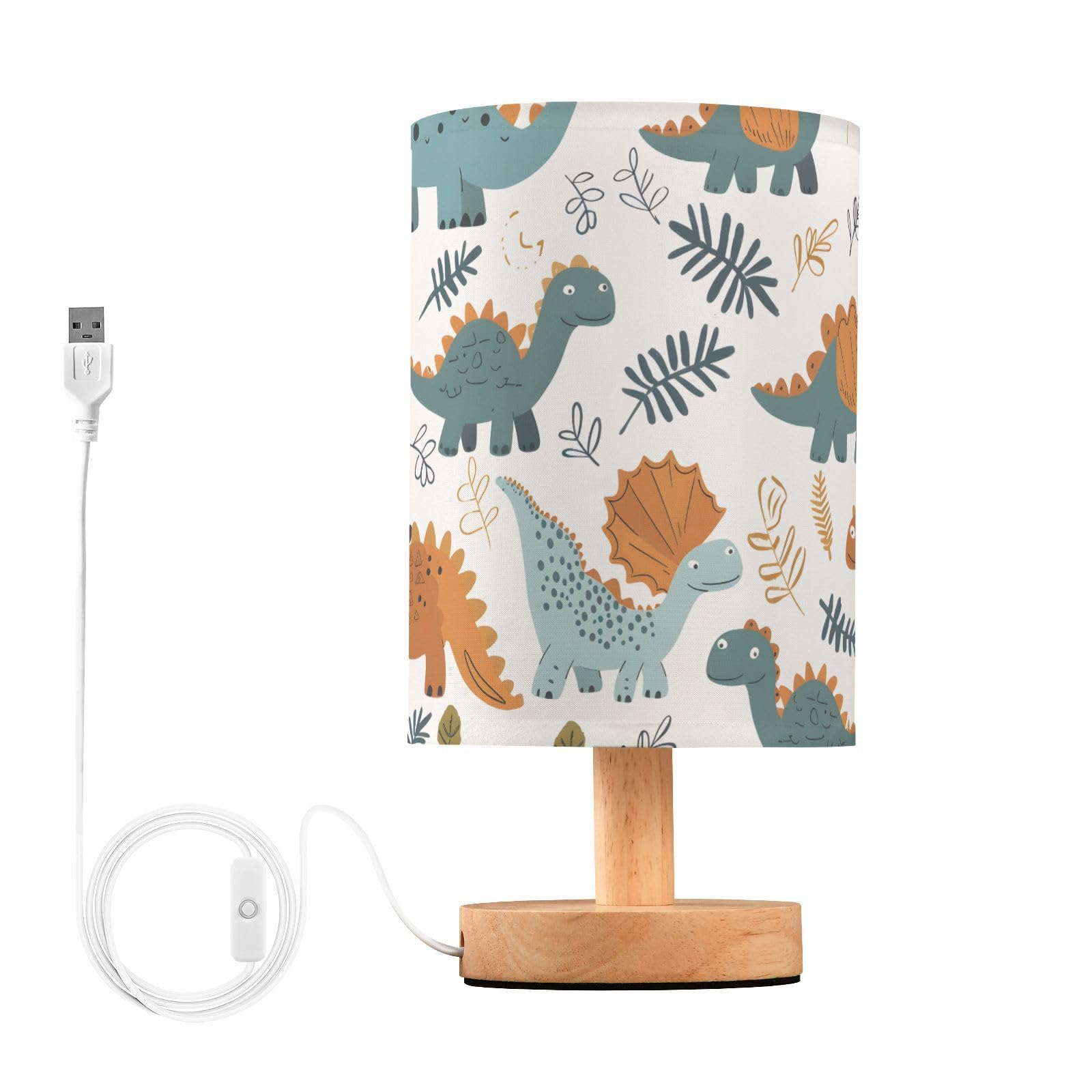 ALAZA Lámpara de mesa de noche con diseño de dinosaurio verde para niñas y niños, con puerto USB, LED, base de madera, decoración de sala de estar