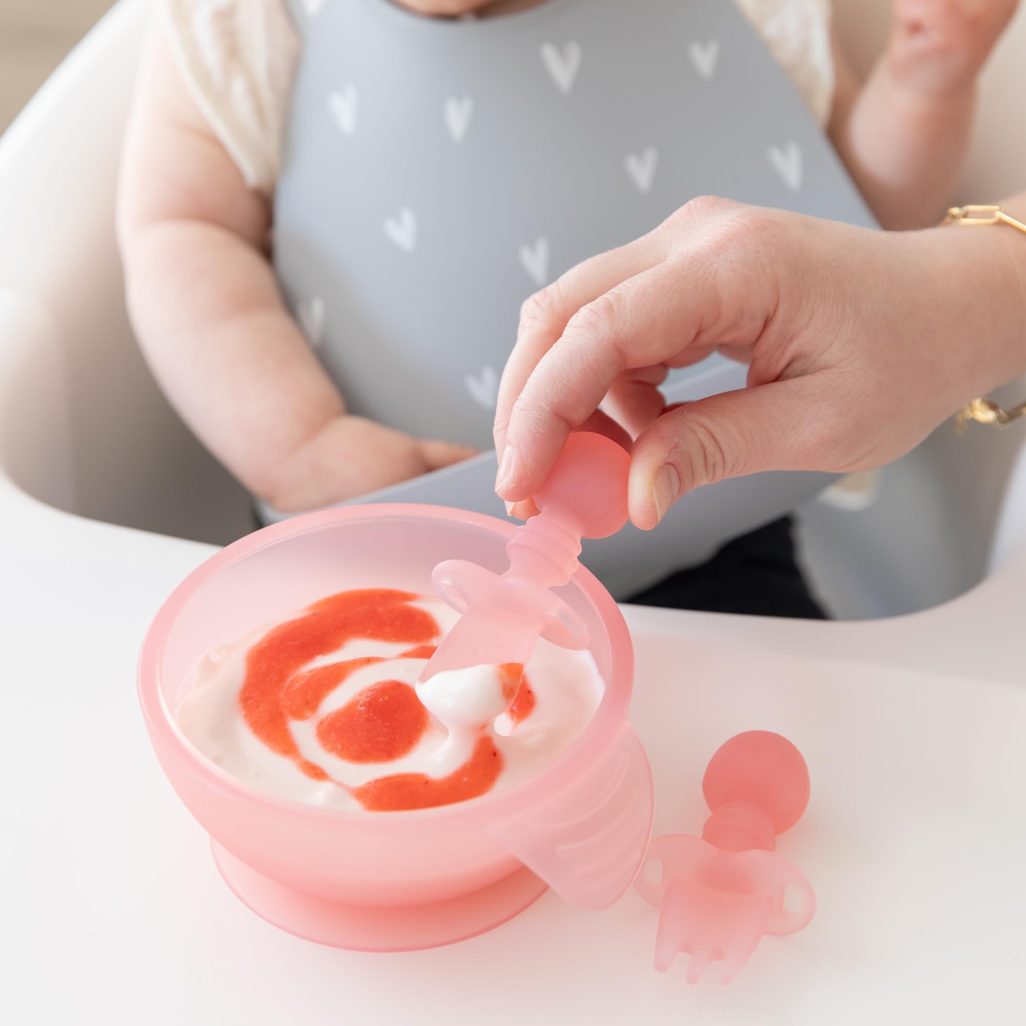 Bumkins Chewtensils Platinum Silicone Baby Spoon and Fork Set - Pink Jelly - 2 Pieces - Image 3