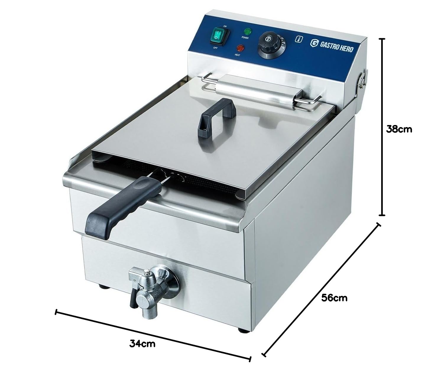 GastroHero Friggitrice elettrica ECO 13 litri, 5000 W, 400 V, in acciaio inox, con rubinetto di scarico e cestello, termostato, friggitrice professionale per gastronomia e snack