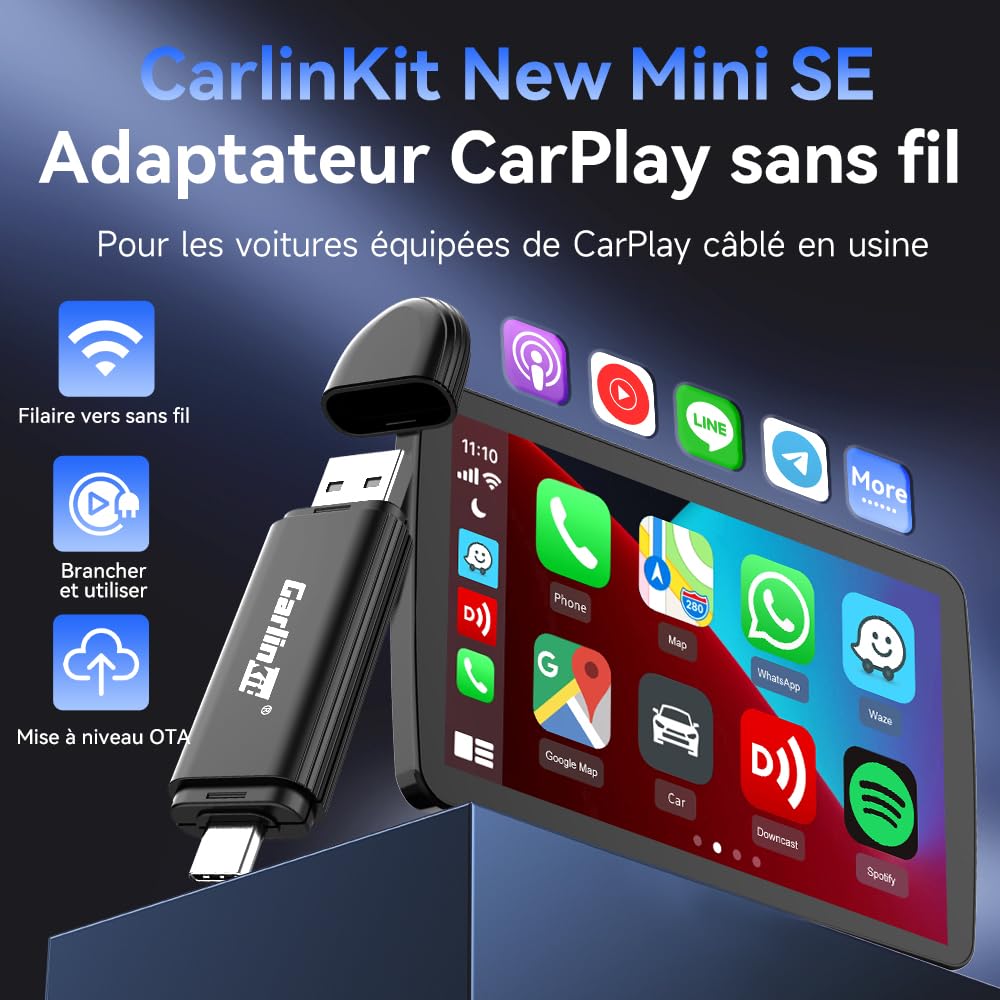 Carlinkit Adaptateur CarPlay sans Fil Mini se, pour Voitures CarPlay filaires OEM (année de Fabrication : 2016 à 2026) Plug and Play, Prend en Charge la Mise à Jour de la Version en Ligne,5GHz WiFi