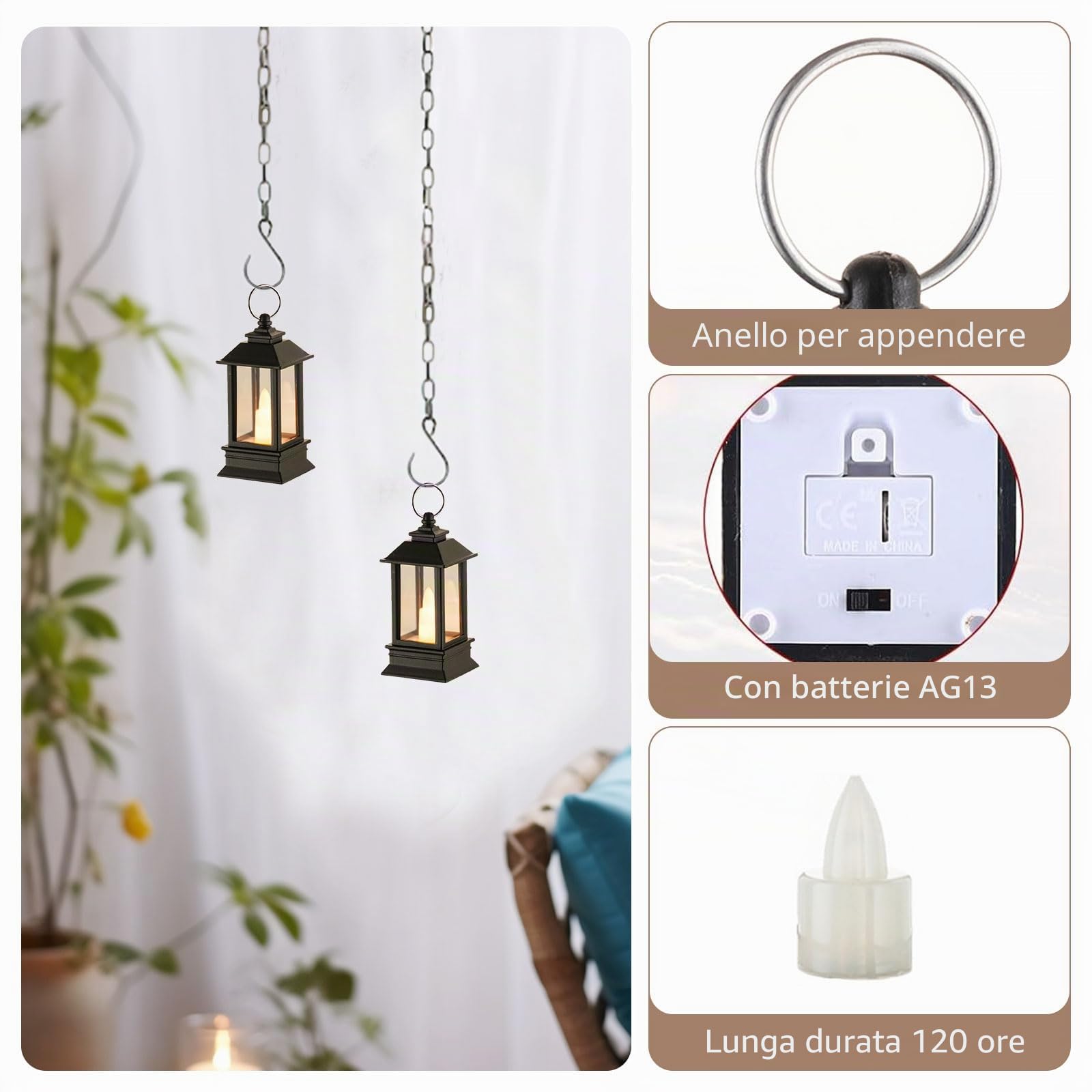 Mini lanterna LED per esterni: set da 24 pezzi, 9 cm, super piccola, nera, decorazione con candela LED per matrimonio, festa, Ramadan, balcone, decorazione per giardino da appendere