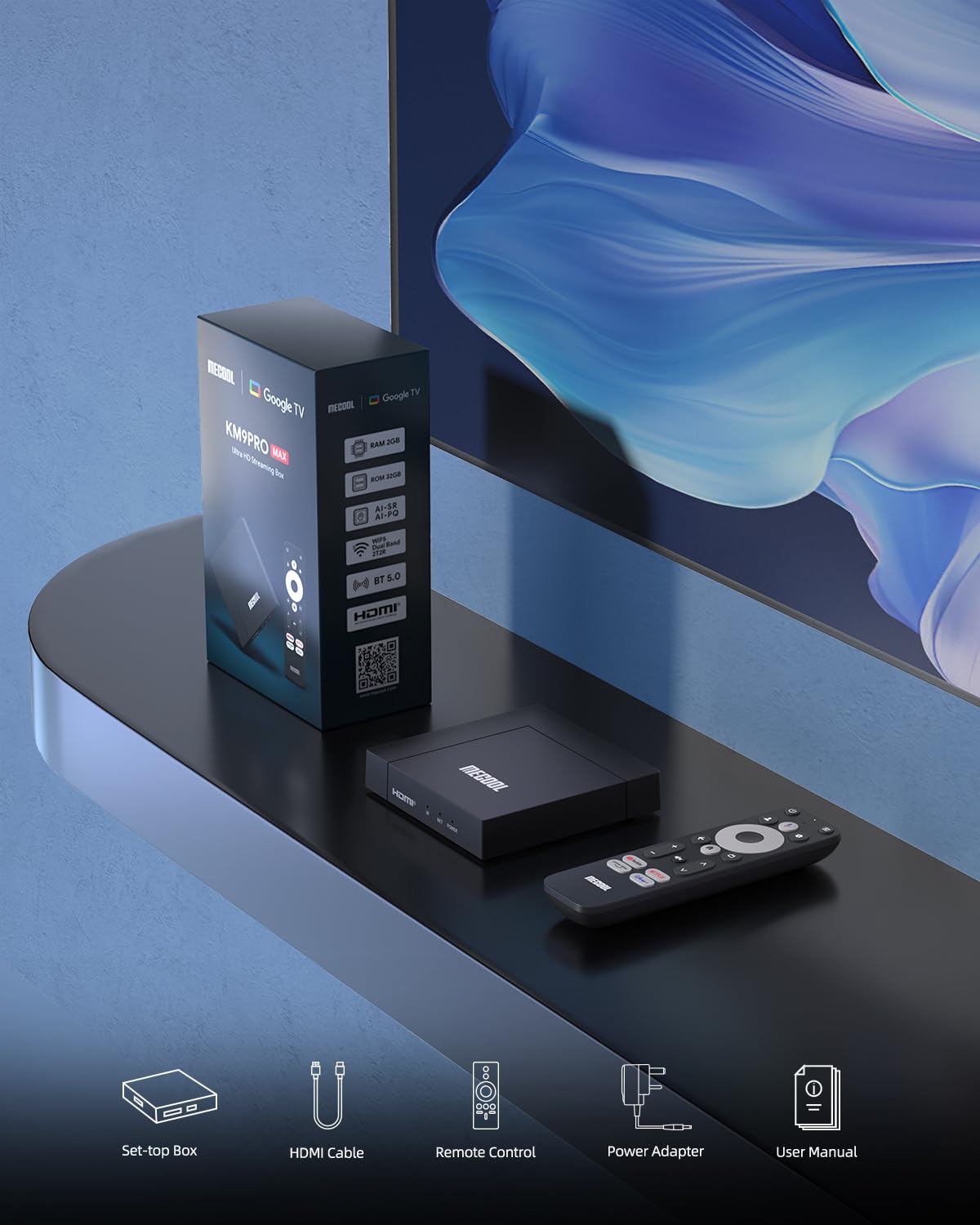 Android TV Box 12.0, MECOOL KM9PRO MAX Smart TV Box 2GB 32GB Certificado Netflix Google Asistente Dolby Audio, GTV Box 4K Soporte AV1 HDR 4K 2.4g 5.0g WiFi5 BT5.0 (Black)