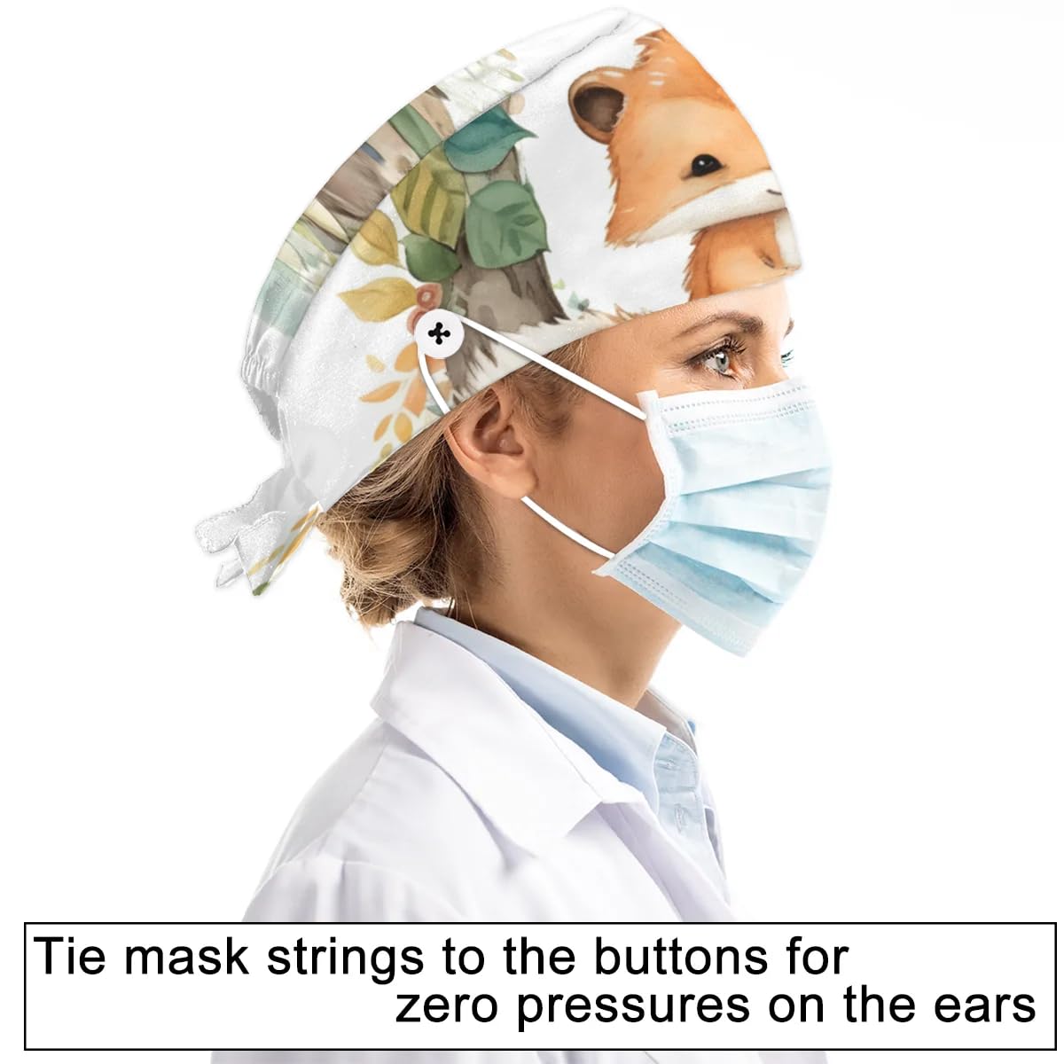 Mularoka Watercolor Wreath Foxes Working Caps with Button Sweatband Comfortable Adjustable Bouffant Hats Work Hat for Women Men