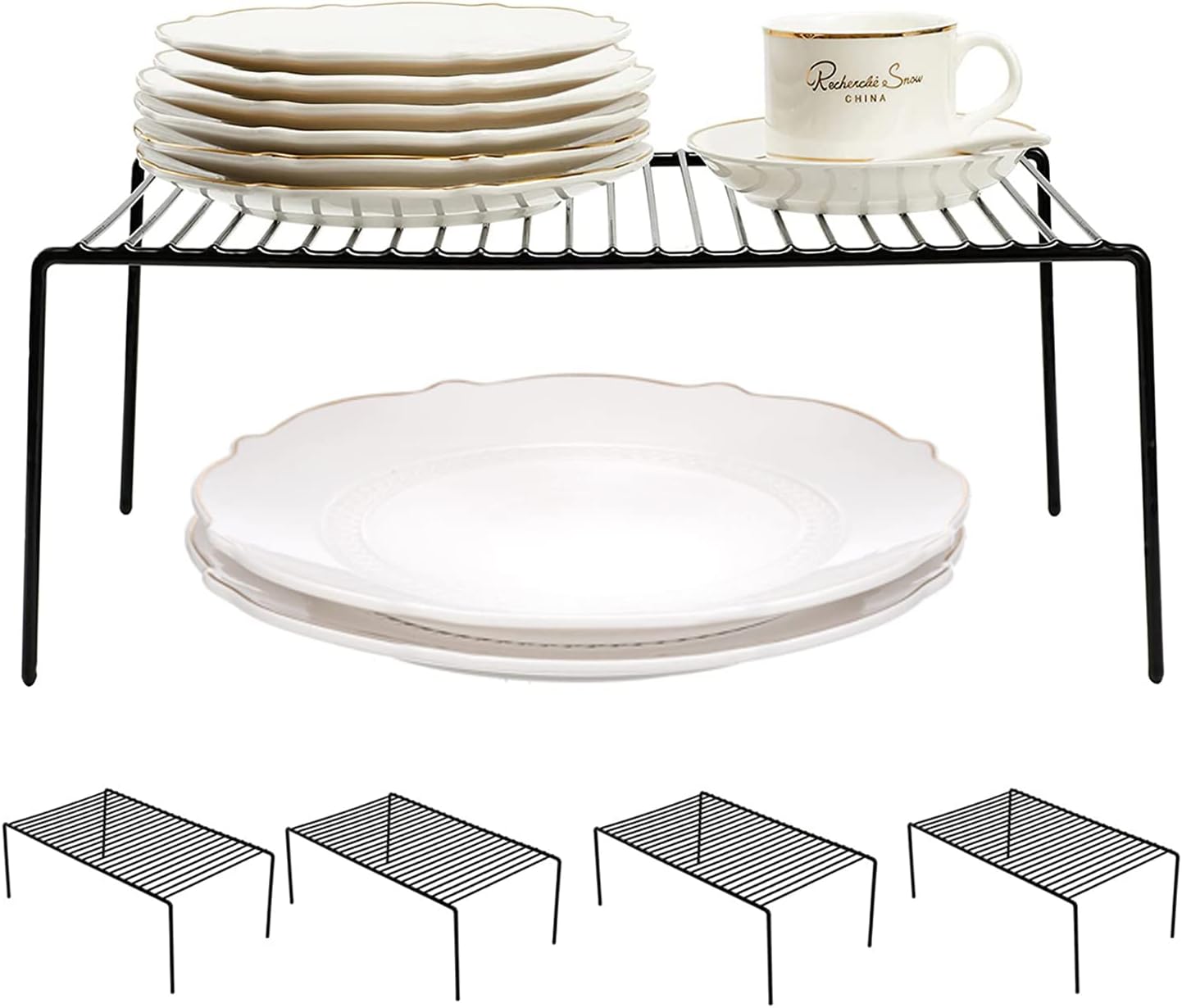 Kitchen Cabinet Shelf Organizer Set of 5, Large (15.7 x 9.4 inch) Metal Wire Pantry Storage Shelves, Dish Plate Racks for Cabinets, Freezer, Counter, Cupboard Organizers and Storage, Black