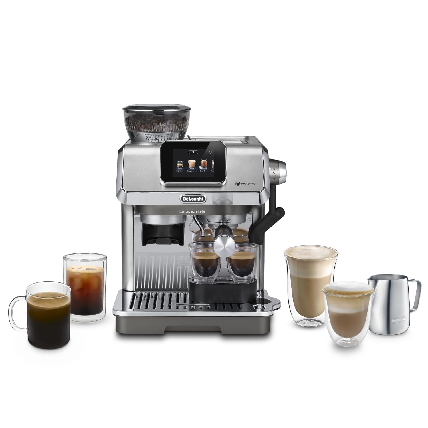 De'Longhi La Specialista Touch EC9455.M Machine à expresso avec moulin à café, fonction Cold Brew, mousseur à lait automatique ou manuel, contrôle tactile intuitif, set de bienvenue, métal