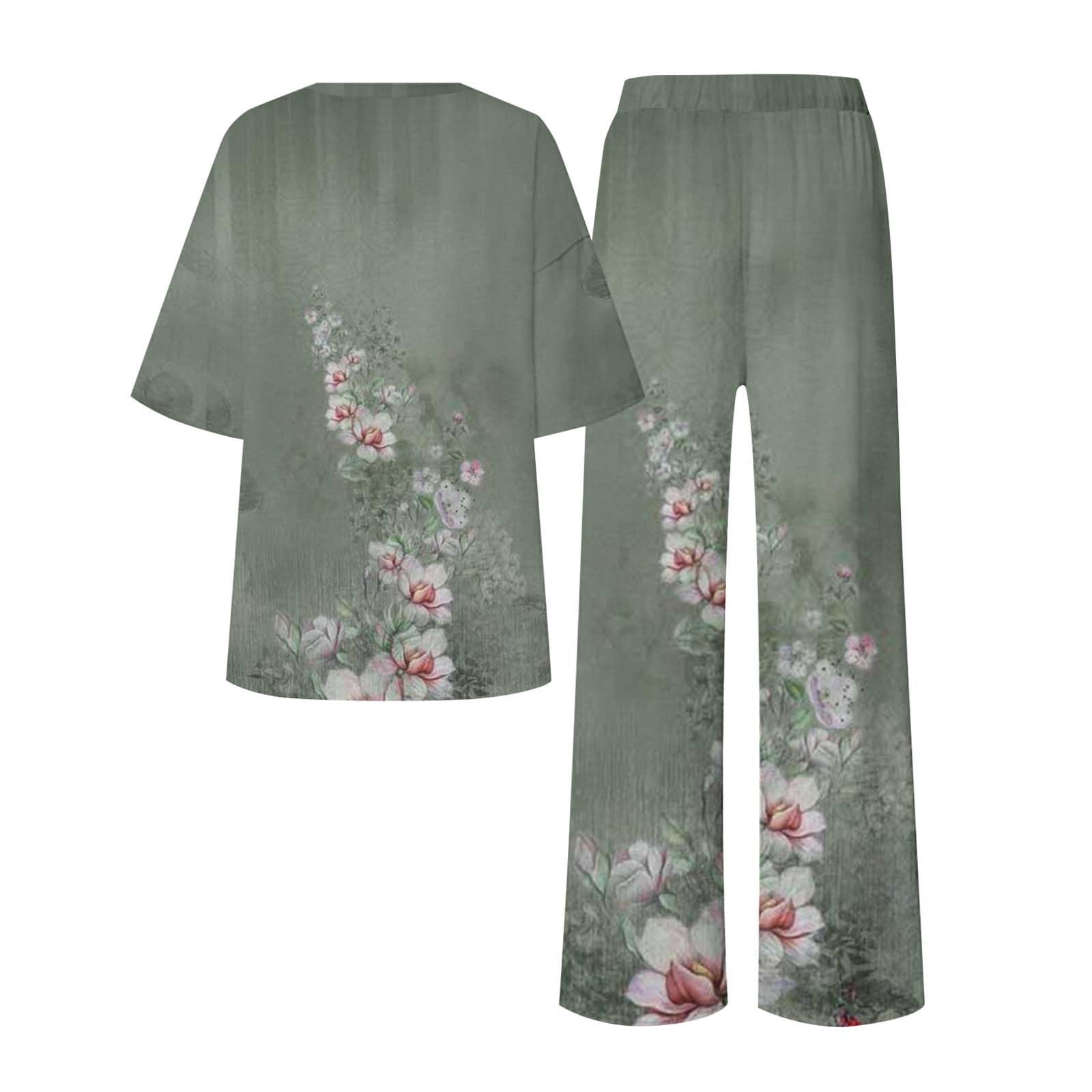 Pyjama long pour femme - Grandes tailles - Haut et pantalon de pyjama | Ensemble de nuit 2 pièces imprimé floral pour femme, manches mi-longues, col rond, haut et pantalon pour nuit et loisirs