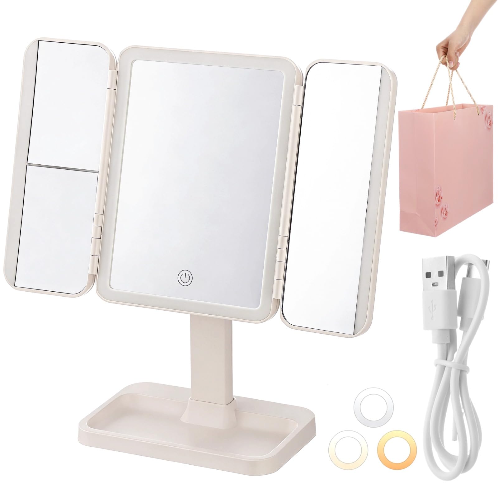 SWEWARM LED Magnifying Trifold Vanity Mirror, 1X/2X/3X Foldable Rechargeable Makeup Mirror with Light, 3 Color Light Modes Stepless Dimming, Adjustable Height 180° Rotation, Women Present