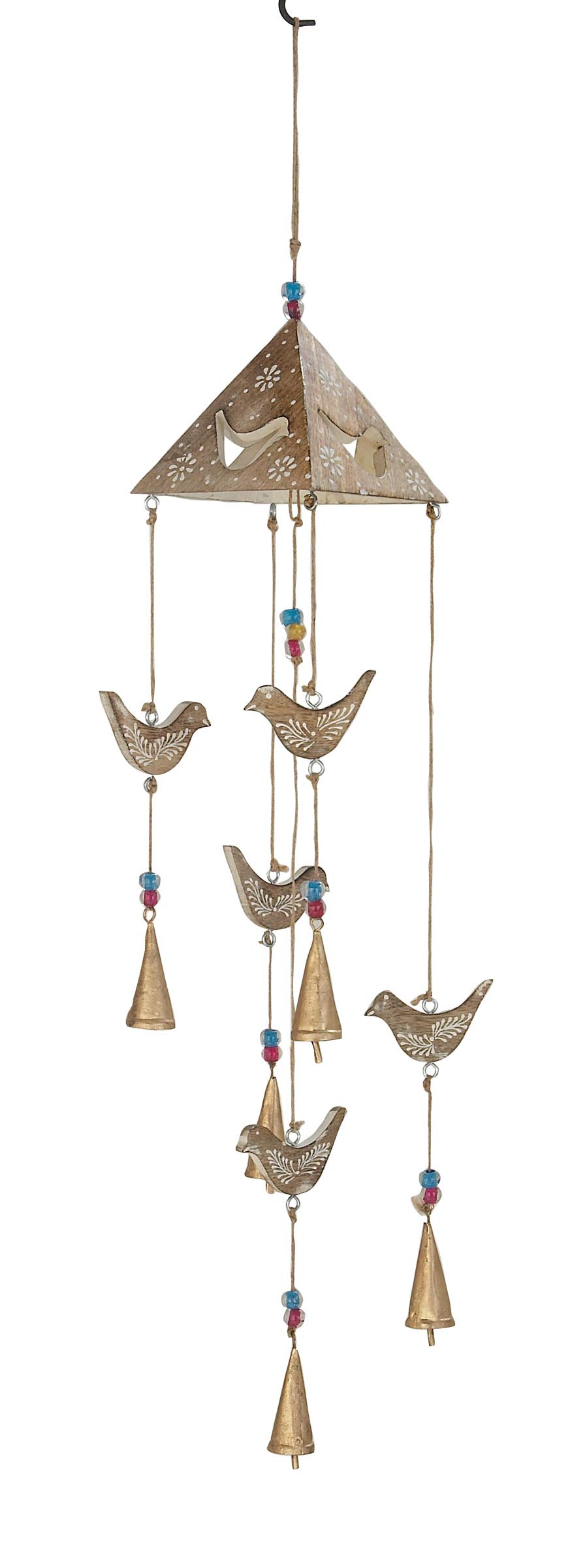 Deco 79Mango Wood Bird Indoor Outdoor Windchime with Glass Beads and Cone Bells, 5" x 5" x 32", Gold