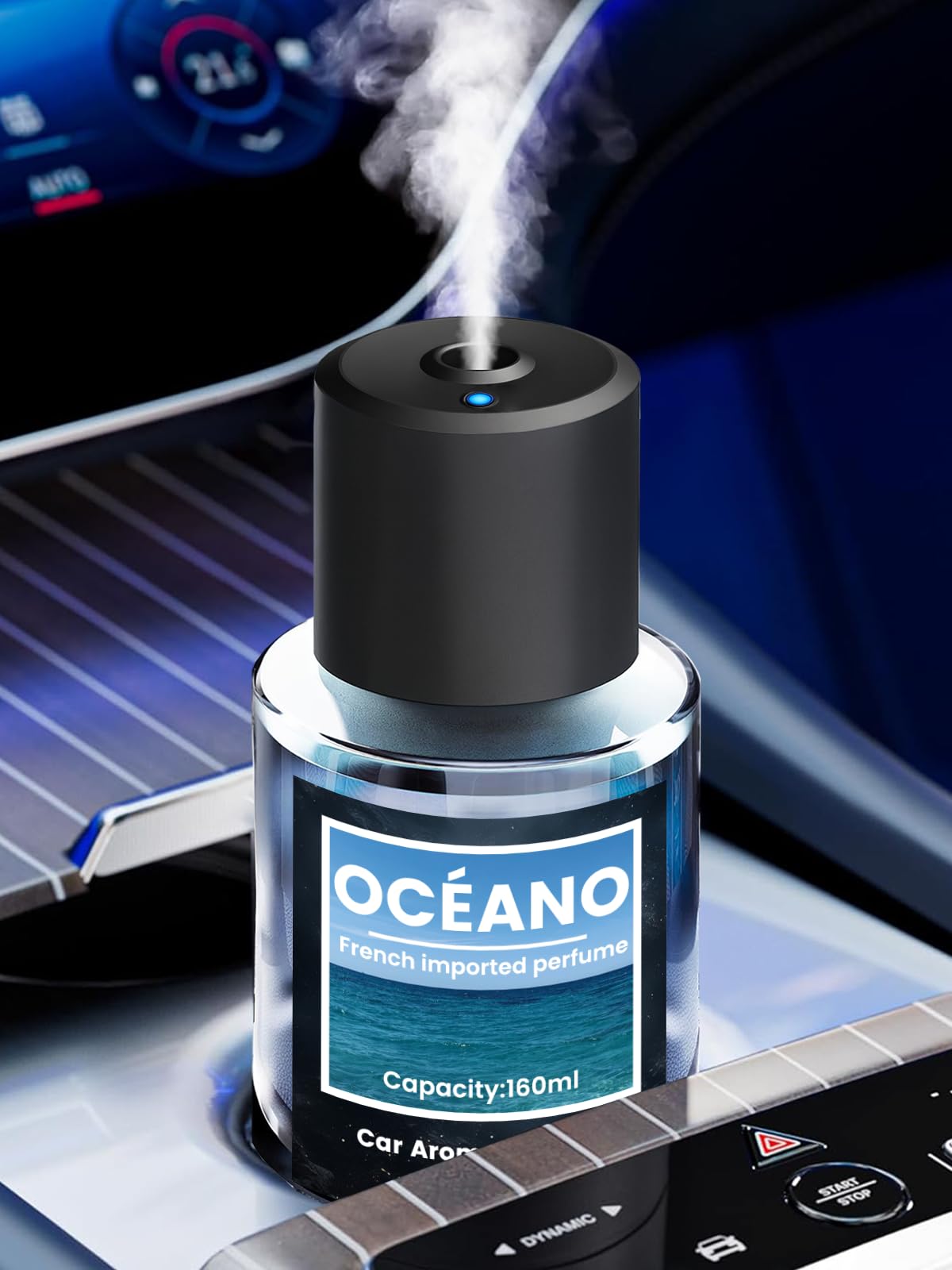 160ml Gran Capacidad Ambientador Difusor de coche, Difusor de Fragancias para Automóvil con 160ml Perfume (Océano), Duración 9-12 Meses, 5 Modos, Atomizador Ultrasónico, Auto On/Off, BJ 011