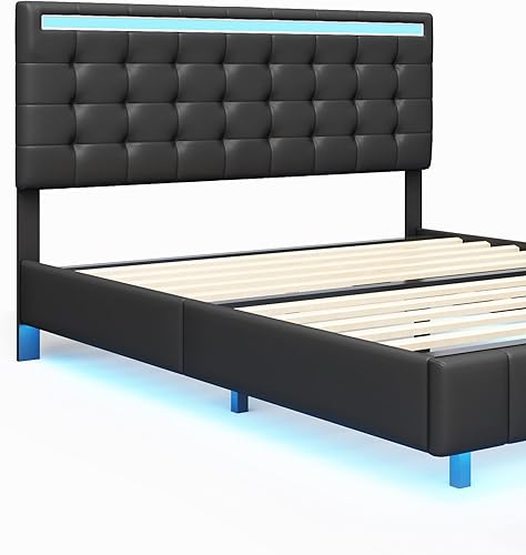 Miniatura 7 de Base de cama flotante tamaño Queen con luces LED y carga USB, marco de cama LED de plataforma tapizada moderna, no necesita somier, fácil de montar