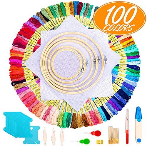 Hohoto Cross Stitch Kits, Embroidery kit Including 5 PCS Embroidery Bamboo Hoops, 100 Color Threads, 2  PCS  11.8  inches  Aida  Cloth and Needles Set