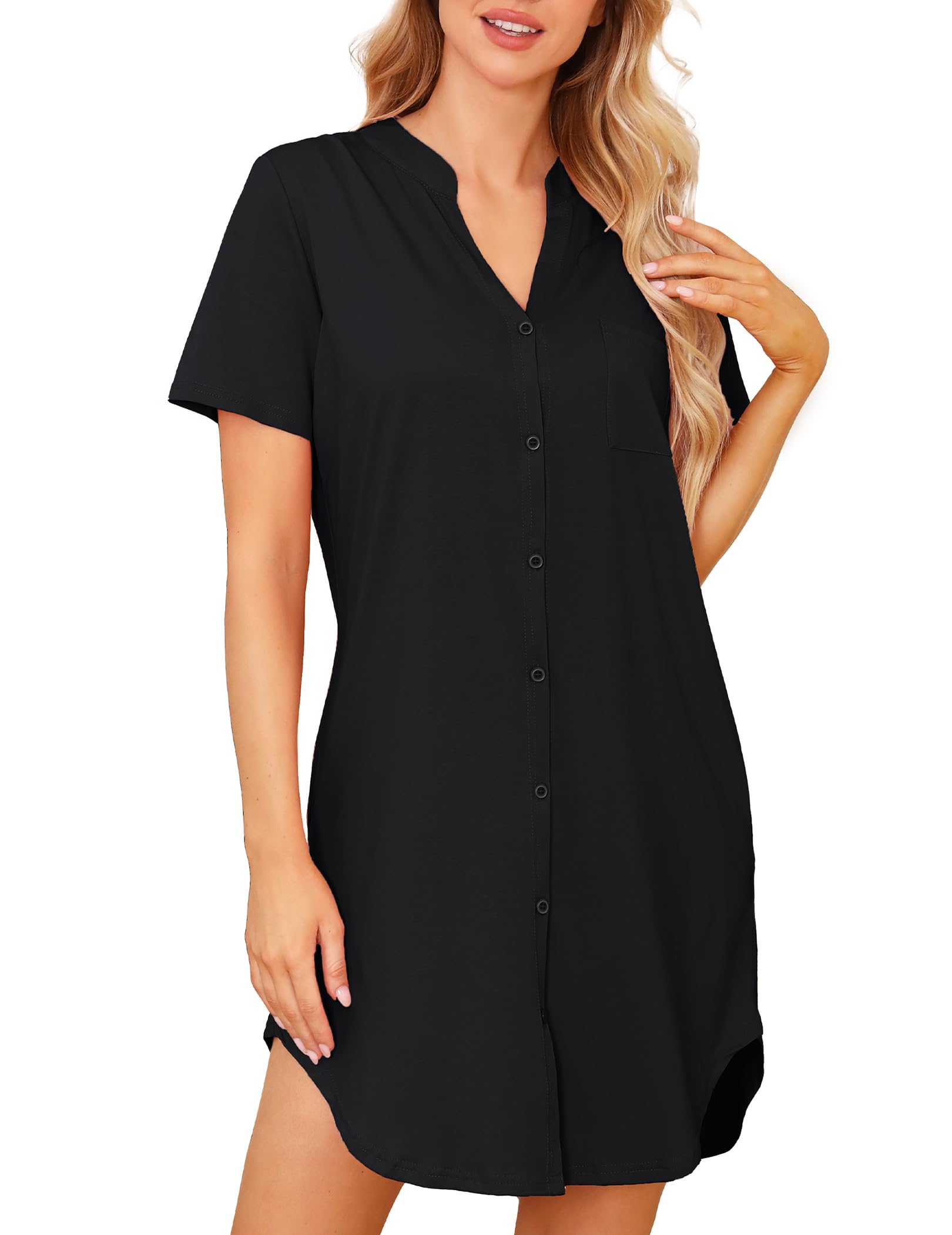 Lovasy Nachthemden für Damen Kurzarm Baumwolle Sommer Schlafshirt Still Nachthemd mit Knöpfen Damen Geburtshemd mit Taschen,Schwarz,L