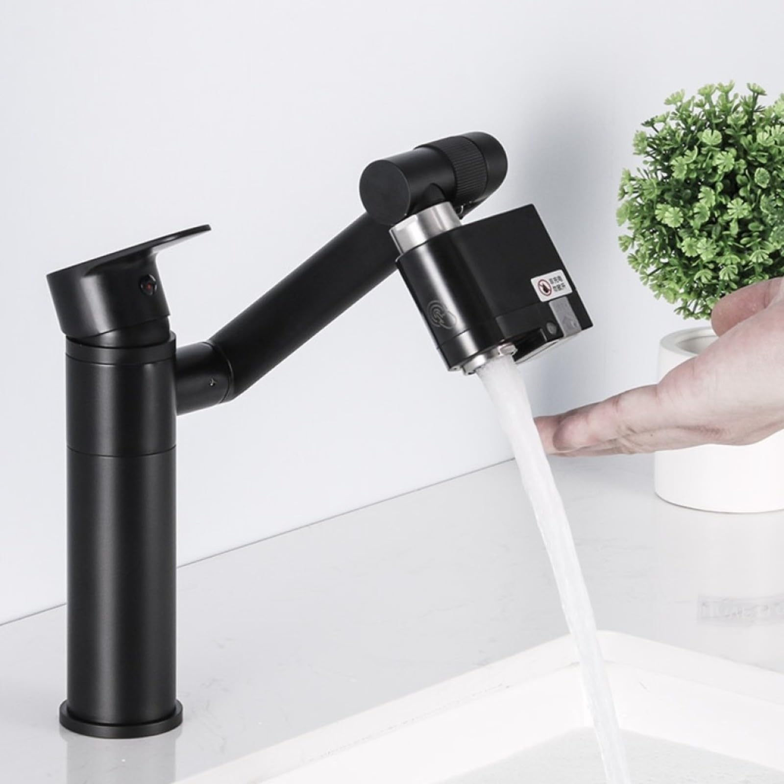 Adaptador inteligente de grifo de ahorro de agua infrarrojo de doble detección con sensores laterales inferiores para baño, cocina, fregadero IPX6, control de temperatura impermeable (negro)