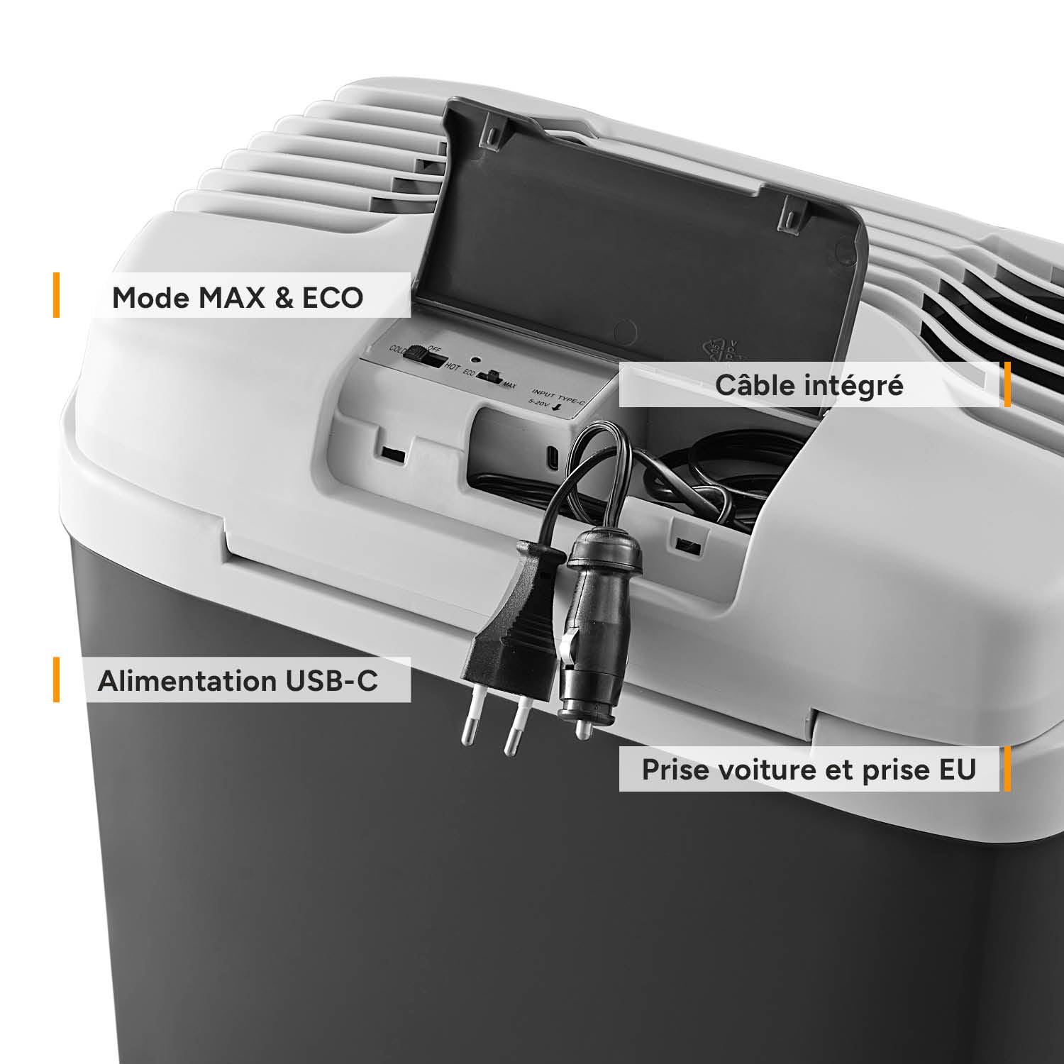 TZS First Austria - Glacière Électrique 20L - Triple Alimentation avec USB-C PD 3.0 - Refroidissement & Chauffage - 12V/230V/USB-C - Design Portable - Noir/Gris
