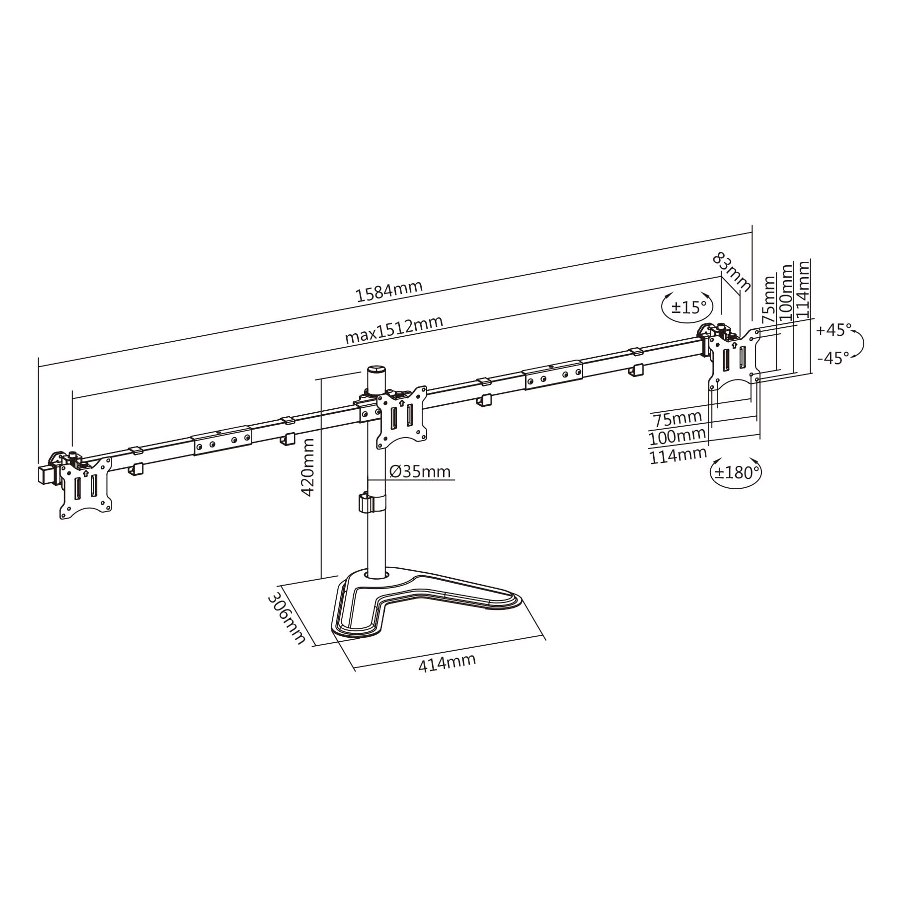 KIMEX - Support pour moniteurs PC - 3 écrans - Sens horizontal - 17-32 pouces - à poser -Inclinable, rotatif orientable - 015-1153