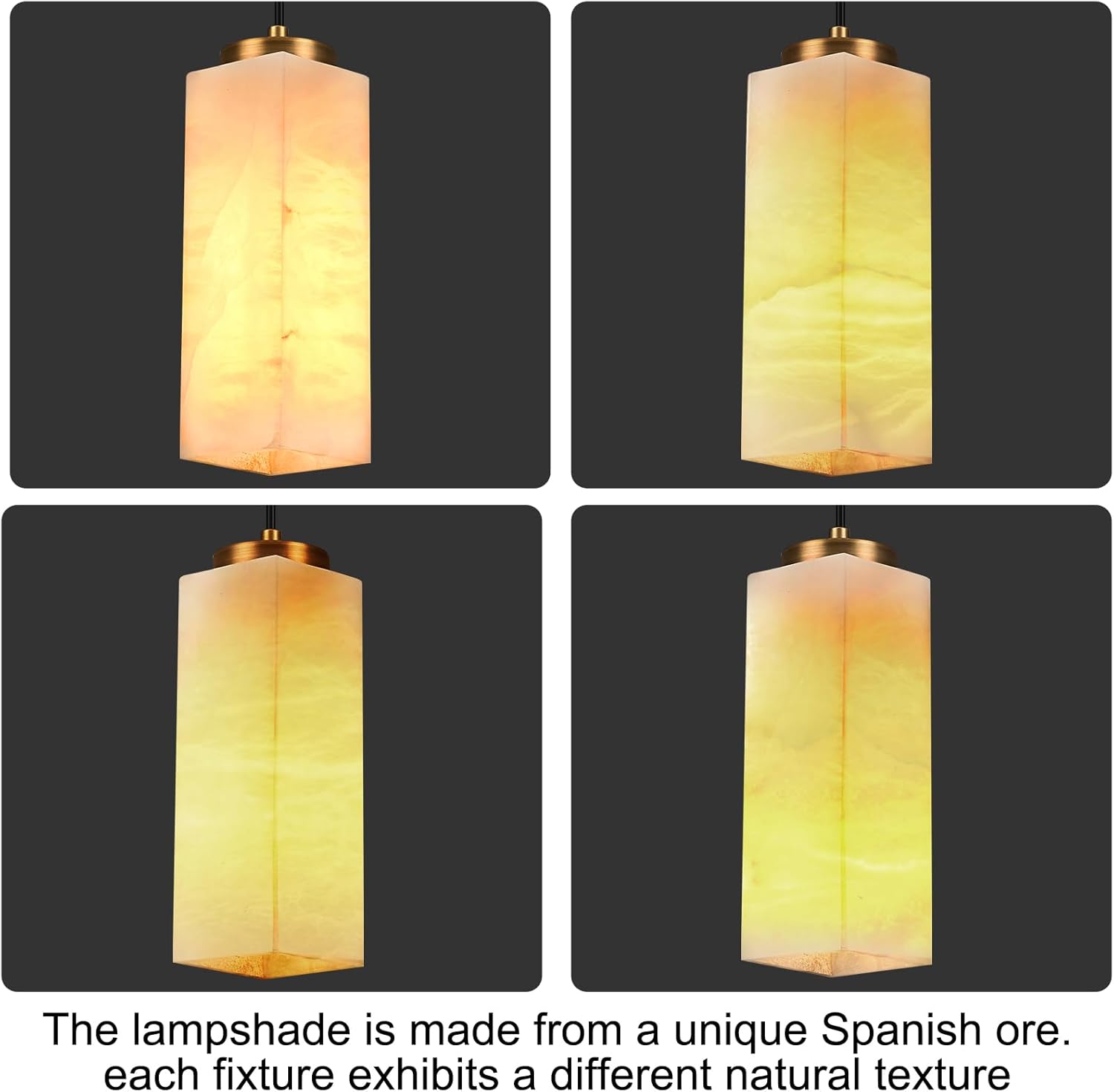 Natural Alabaster Pendant Lights, H-11in Pendant Light Fixtures, Marble Square Shade Copper, Light Pendant for Bedroom Bathroom Dining Room Living Room (E12 Bulbs INCL) Gold