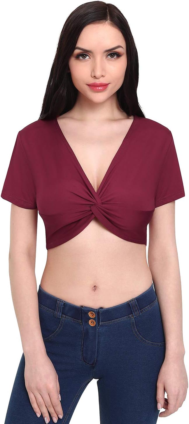 ROSYLINE Sexy Womens Crop Tops V Neck Short Sleeve Crop Top Tie Front T Thirts Wine Red S