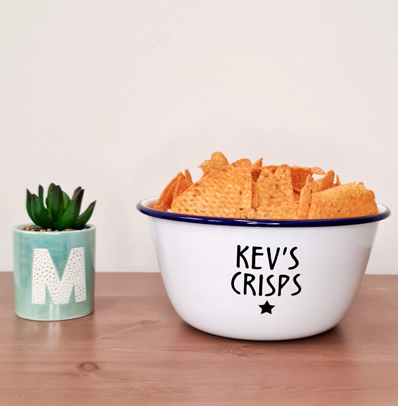 Personalised Crisps Bowl LARGE Blue Enamel Snacks Bowl Named Snacks Movies Gaming Night In 3C Personalised Snack Bowl