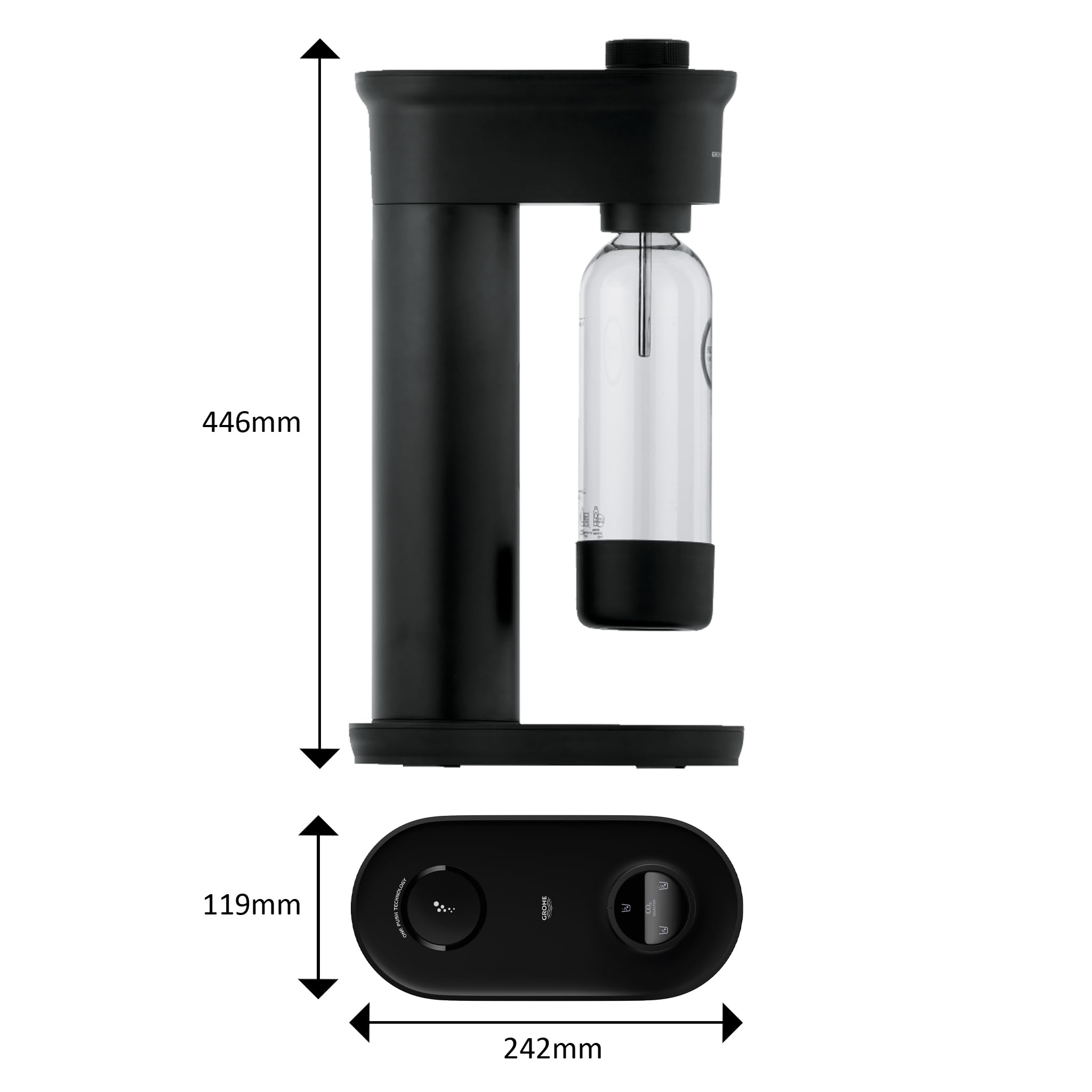 GROHE Blue Fizz, Wassersprudler Starter Set (3 einstellbare Sprudel-Stufen, ohne CO2 Flasche, 1x 0,85l Wasserflasche + Reinigungspulver), schwarz, 31943K00