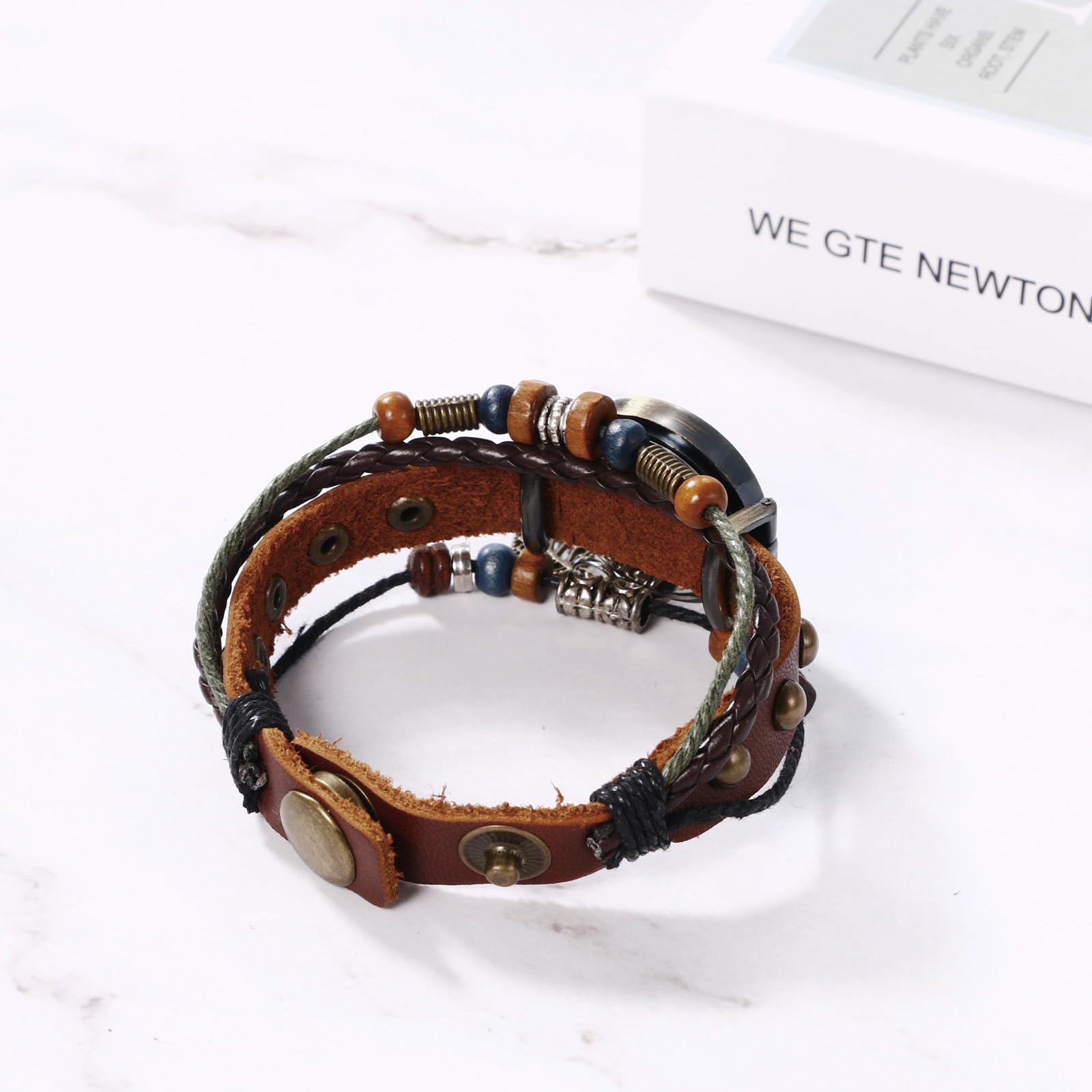 JewelryWe Damski zegarek na rękę, retro, pleciona, skórzana, bransoletka z zawieszką w kształcie liścia, dla kobiet i dziewcząt