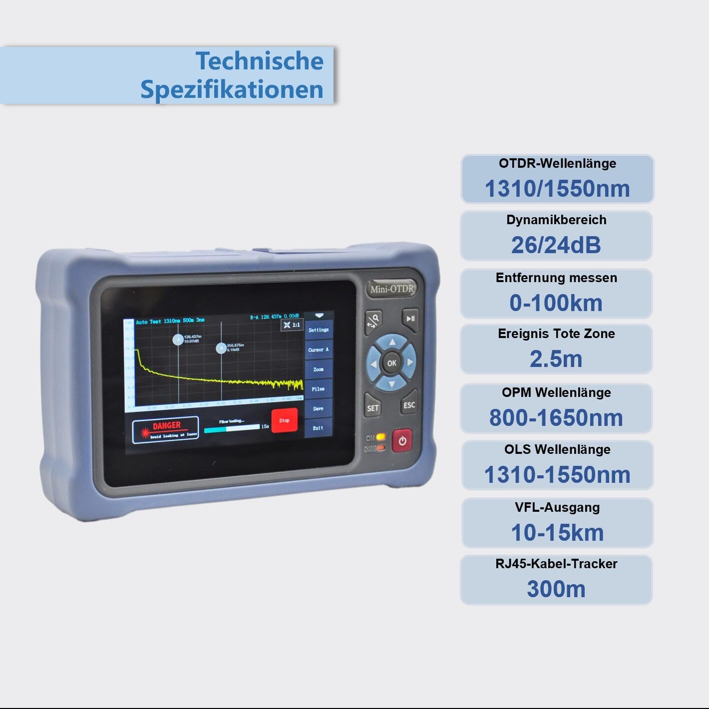 OTDR Messgerät 1310/1550nm 26/24dB 4,3-Zoll-Touchscreen 11-in-1 Single Mode VFL OPM OLS Event Map RJ45 FC/UPC SC ST LC NK4000D