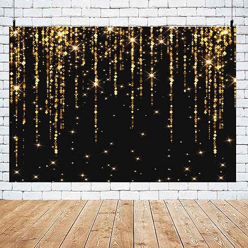 Miniatura 4 de Telón de fondo negro y dorado de 8 x 6 pies, para aniversario de boda, destellos, fotografía, fondo 2024, baile de graduación, bokeh dorado, goteo,