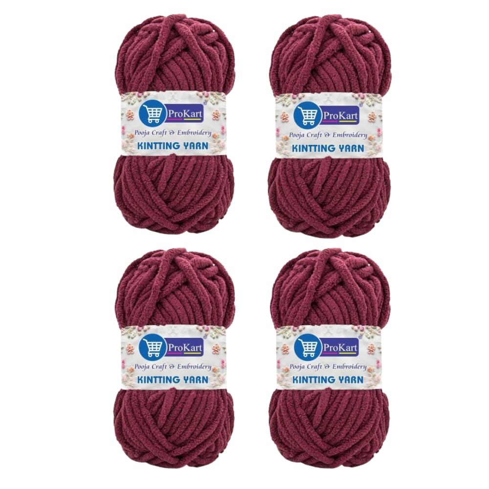 ProKart Premium Blankie Wool, Plush & Cuddly, Chenille Yarn Supersoft Hand Knitting Wool Ball | Blanket Thick/Mottu Yarn Ball Suitable for Hand Knitting and Crocheting for Baby, Adult, Sweaters, caps, Throws, Home Furnishing, Scarves, Blankets (Wine, 100gms x 4 Pack)