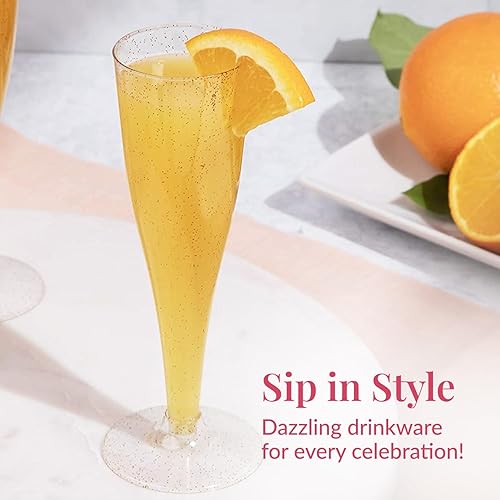 Vista 35 de Prestee 48 copas de champán de plástico desechables con purpurina dorada - Vasos transparentes para brindis mimosa, fiesta de Año Nuevo