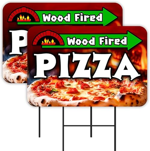 Wood Fired Pizza - Paquete de 2 carteles de doble cara para patio de 16 x 24 pulgadas con estacas de metal (fabricado en Texas)