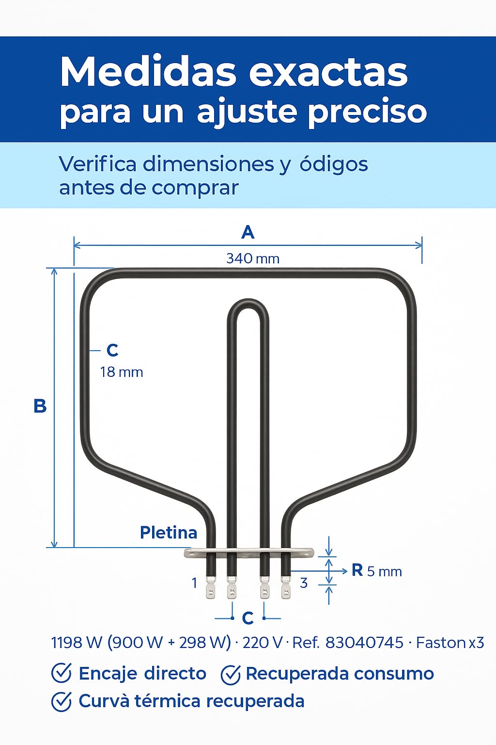 RECAMBIOS DREYMA Resistencia Solera Horno 83040745 Compatible con Teka Balay Fagor 1198W 220V Repuesto Base Calor Inferior Montaje Rapido Placa Fijacion Conectores Faston y Reparar Cocina