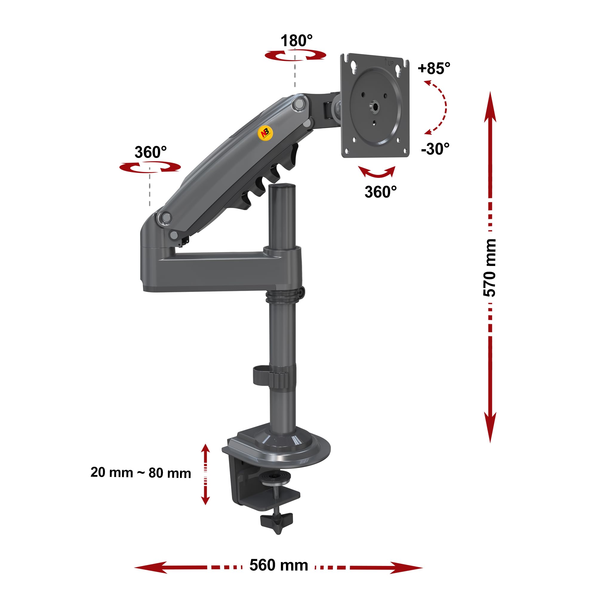 Ergosolid Support Écran PC 17-30 Pouces Bras Rotatif 360° Réglable Hauteur VESA 75-100mm Charge 2-9kg