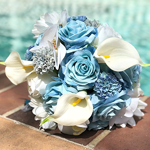 Abbie Home Real Touch Calla Lily Dahlia Bridal Bouquets Crystal Light Blue Ribbon Beach Wedding Rose Flowers Décor (B Round Bouquet) #TOP3